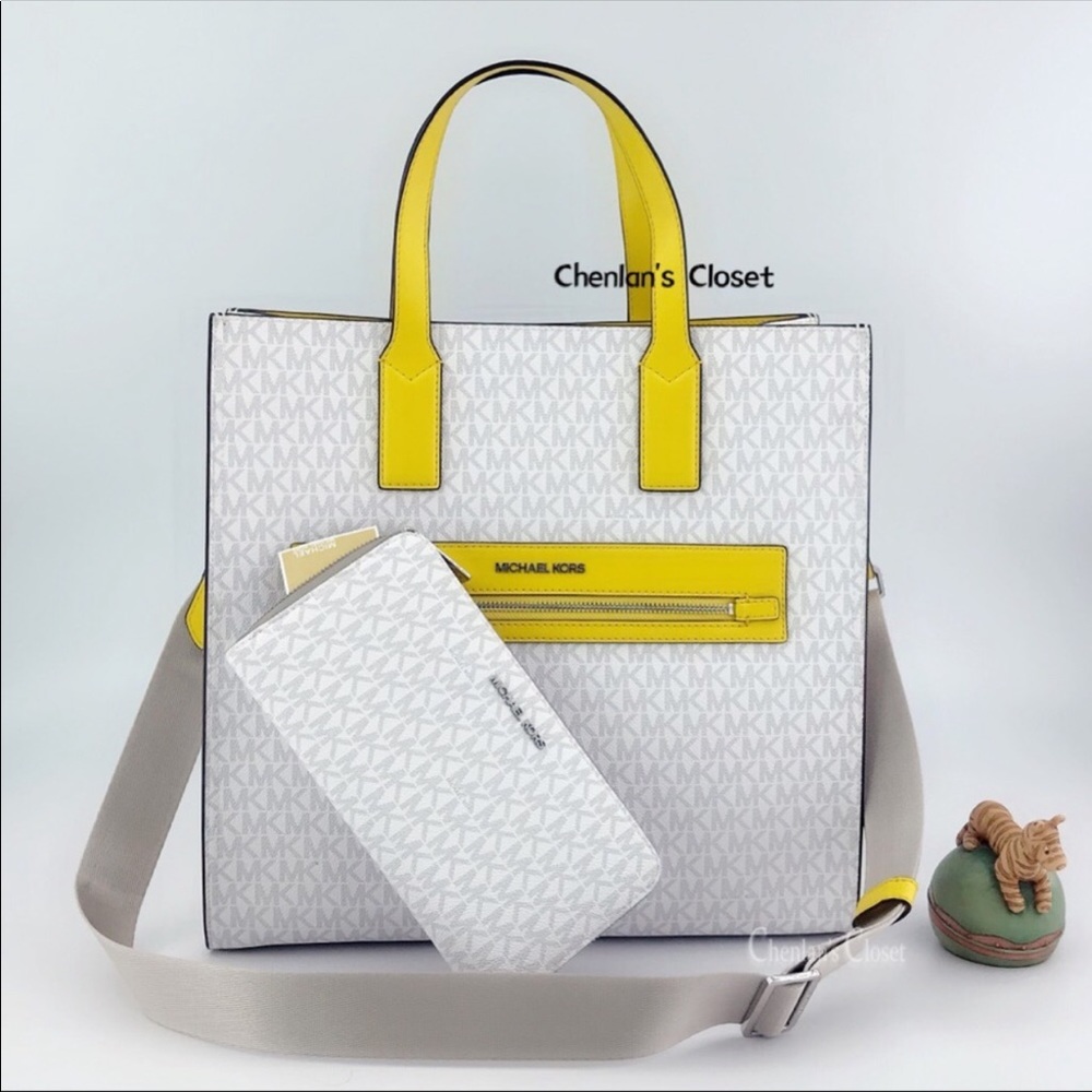 AUTHENTIC Michael Kors White & Yellow Logo Tote with Matching Wallet
